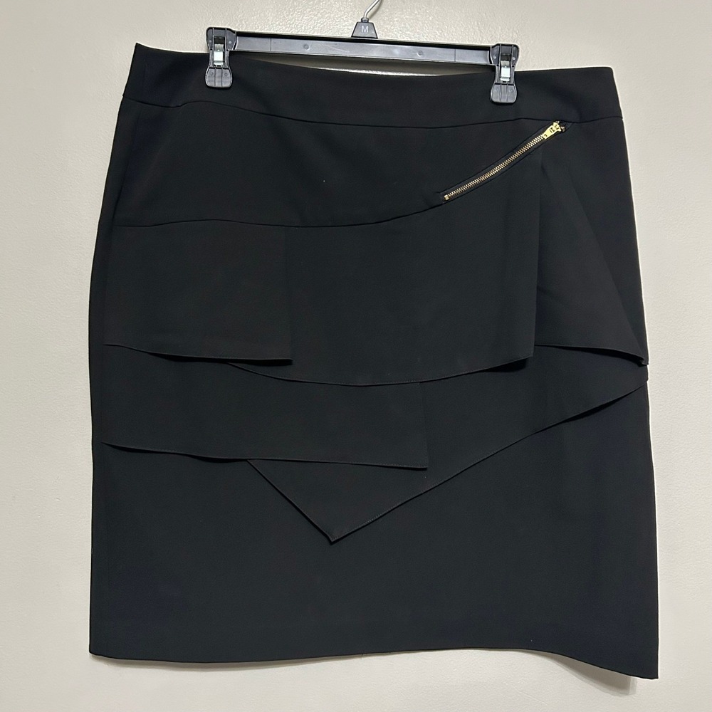 Larry Levine Skirt 16 Black Pencil Asymmetrical Layered Wrap Edgy Zip Whimsical